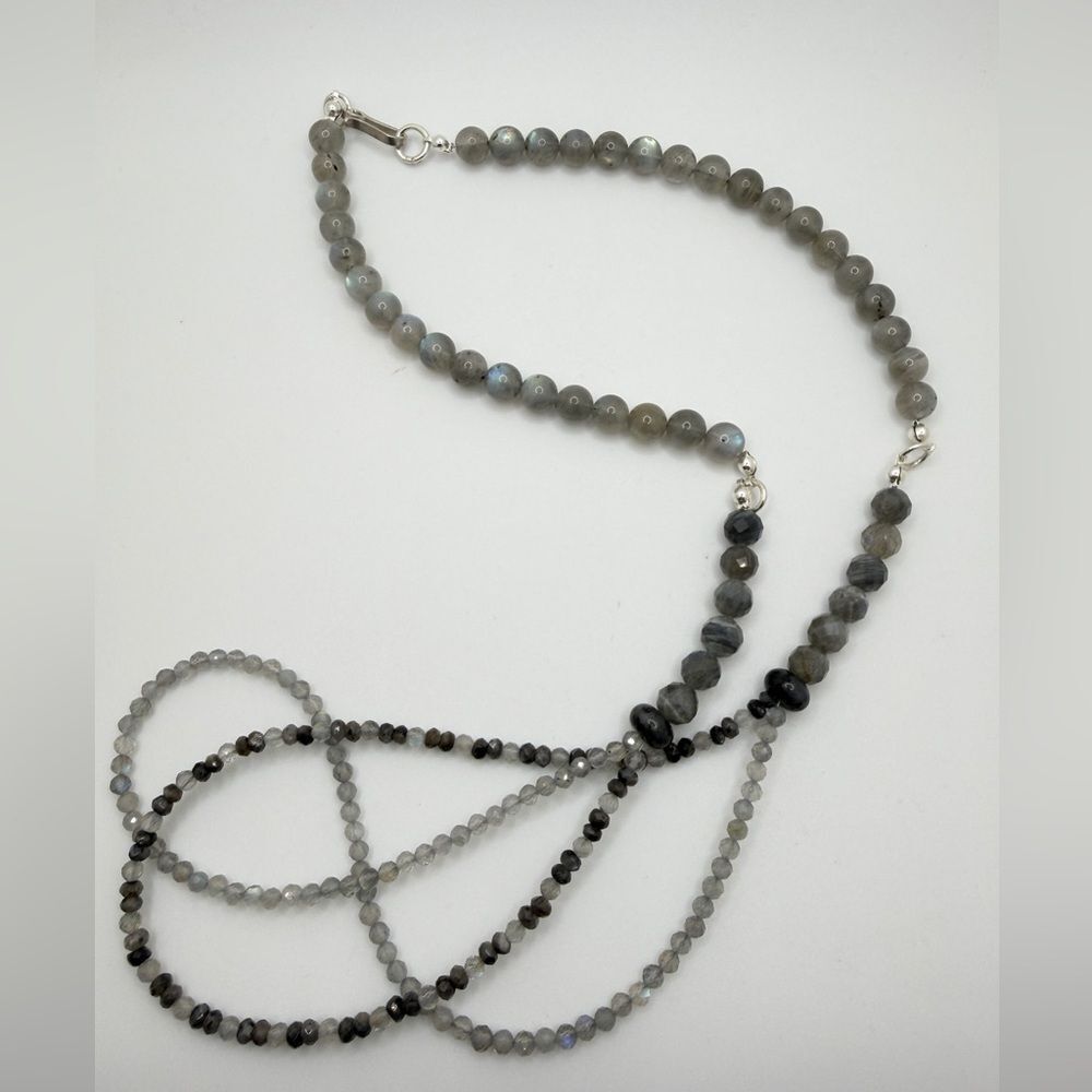 ~28" All Labradorite and larvikite beaded necklace w/ sterling silver hardware!